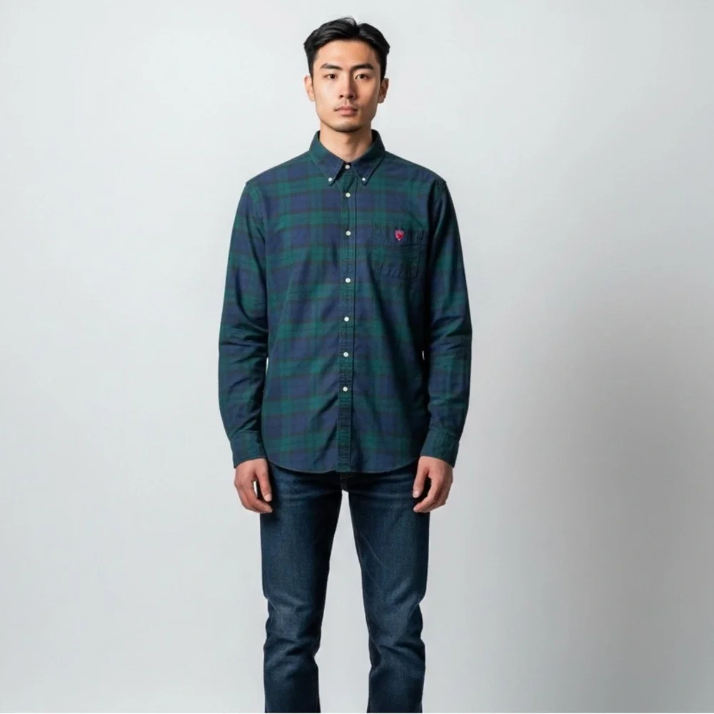 Ralph Lauren “The Big Shirt” Men’s L Green Navy Plaid Button Down W/ Crest Patch
